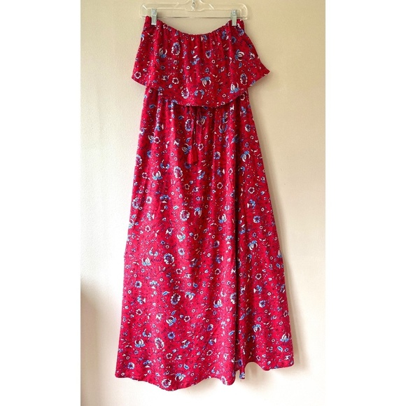 Japna Red Strapless Floral Maxi Tank Dress Side Leg Slit Elastic Waist Size L - Picture 1 of 7